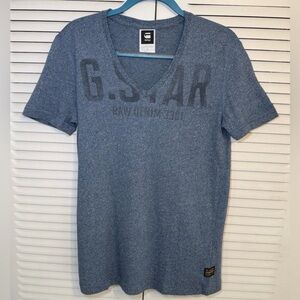 G Star Raw Denim Blue T Shirt Mens XL V Neck Short Sleeve Logo Casual Thick